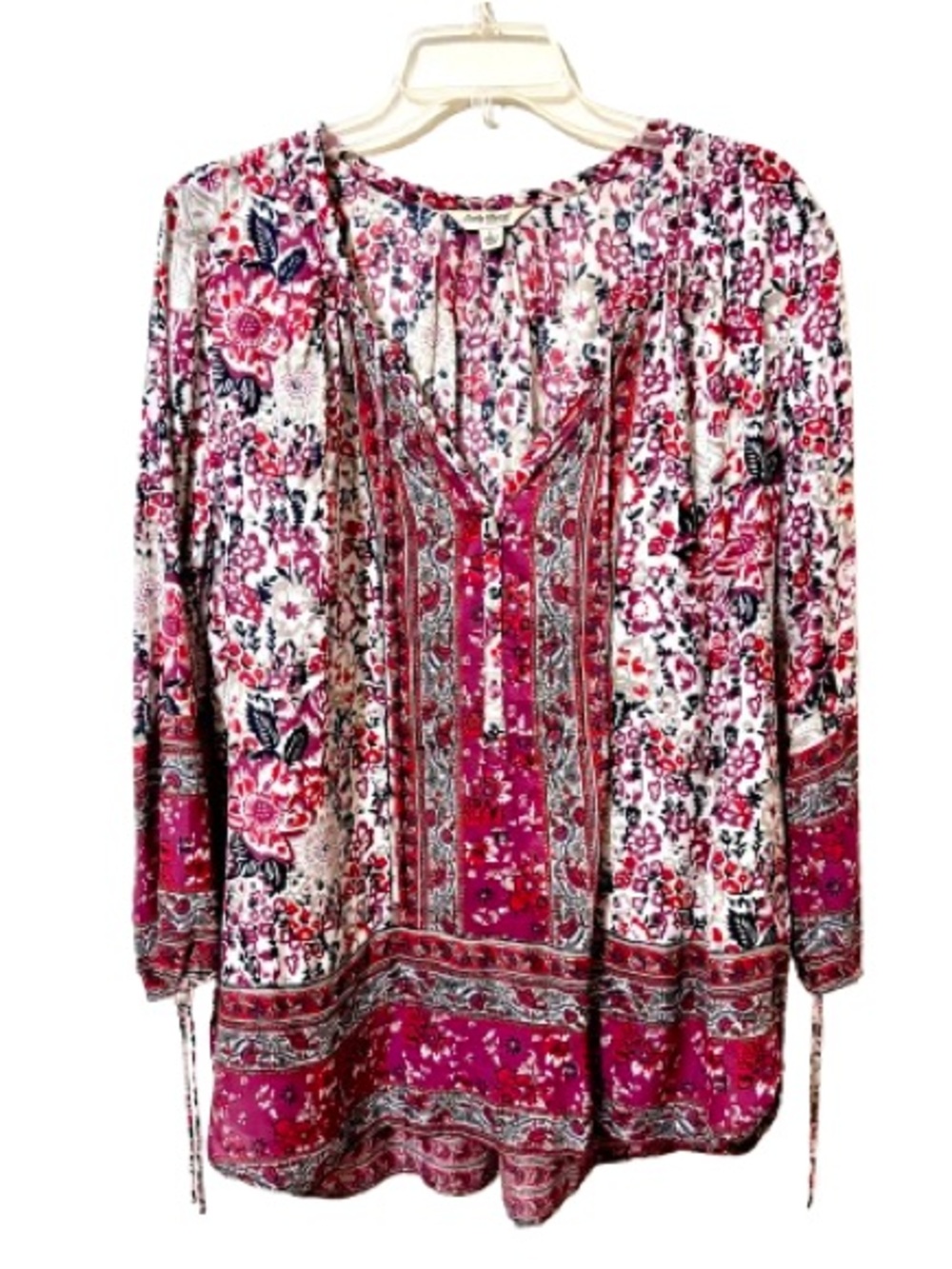 Lucky Brand Boho Woodblock Floral Henley Peasant Blouse Size Large